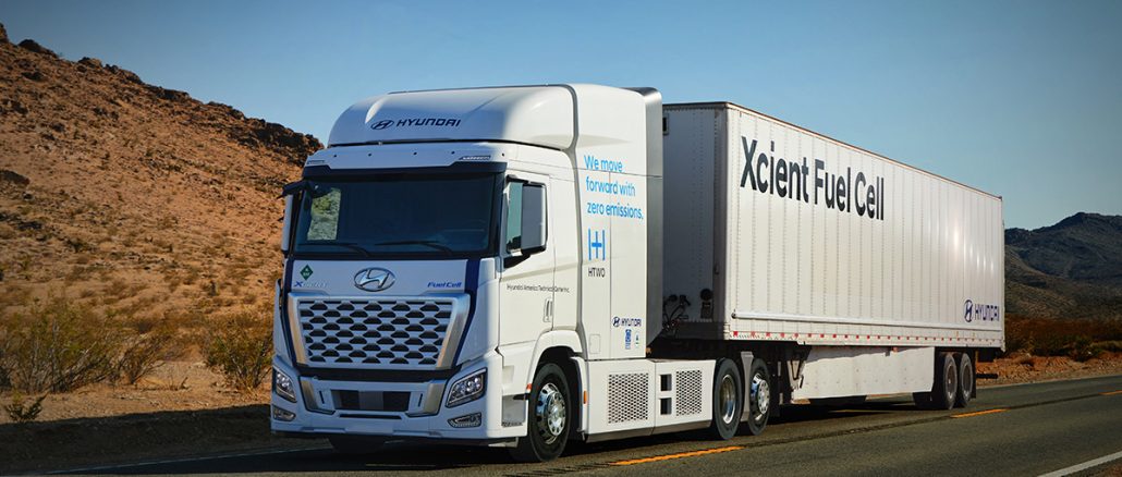 Hyundai Xcient hydrogen fuel cell over the road semi truck and tractor trailer